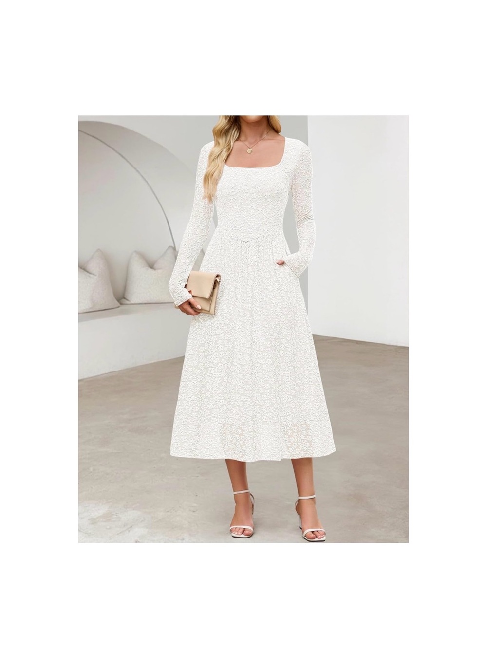 Square Neck White Midi Dress with Long Sleeves